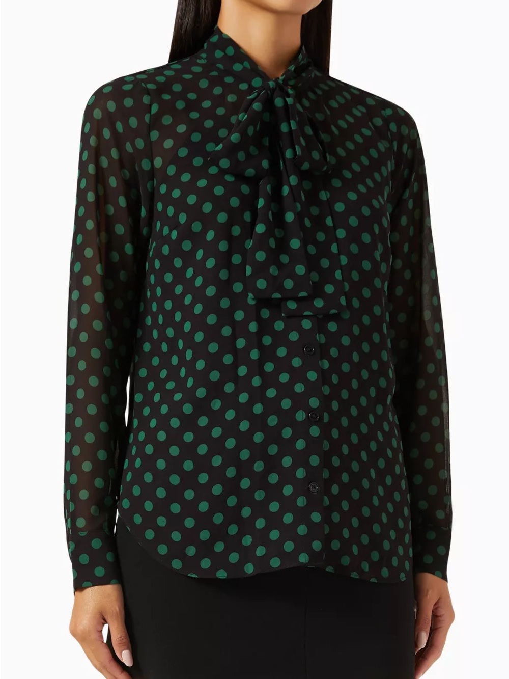 MICHAEL Michael Kors Black Blouse with Green Polka Dots and Tie Neck